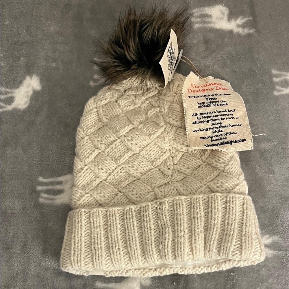 NIRVANA Cream Knit Beanie with Faux Fur Pom-Pom
